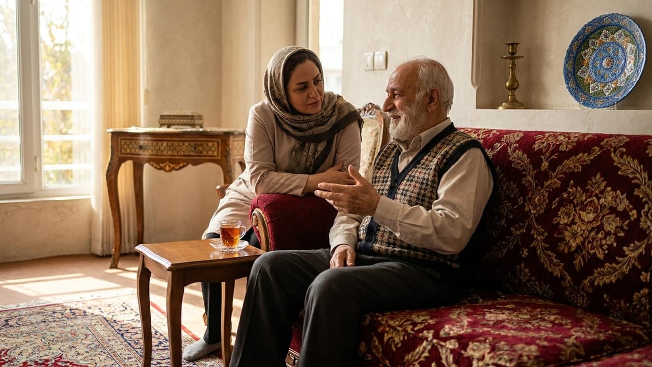 پرستار در منزل با روسری کنار یک سالمند مرد با ریش سفید نشسته و با او چای می‌نوشد و گفت‌وگو می‌کند؛ همراهی آرام و بی‌قضاوت با سالمند