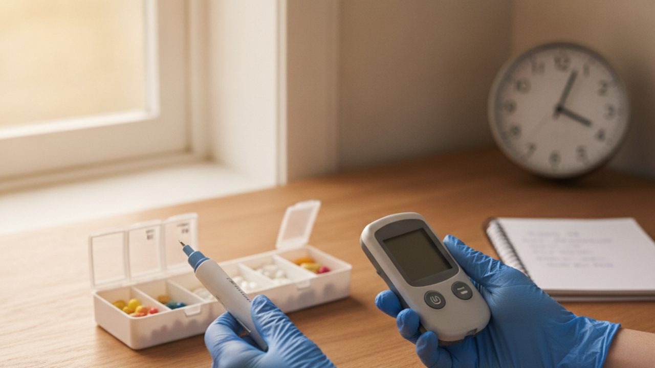 دستهای پرستار با دستکش، قلم انسولین و گلوکومتر کنار جعبهی داروی هفتگی و ساعت دیواری، نمادی از تنظیم دقیق دارو و قند