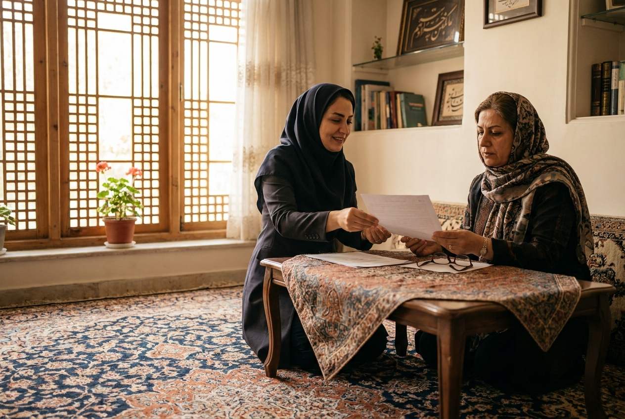 هماهنگ‌کننده مرکز اعزام در حال ارائه توافق‌نامه شفاف مراقبت به یکی از اعضای خانواده