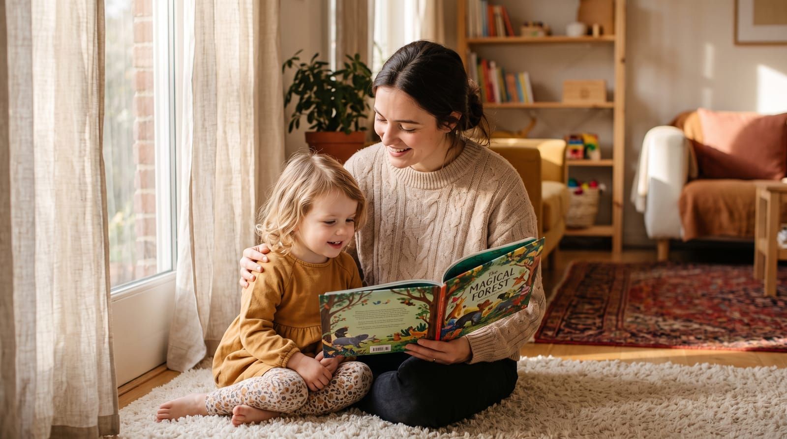 پرستار کودک در حال کتابخواندن برای کودک کنار پنجرهای آفتابی