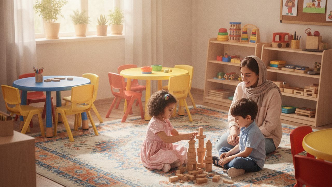 کلاس روشن و شاد یک مهدکودک با چند کودک خردسال که با اسباب‌بازی و مکعب‌های رنگی روی زمین بازی می‌کنند و مراقب مهدکودک با لبخند آن‌ها را زیر نظر دارد