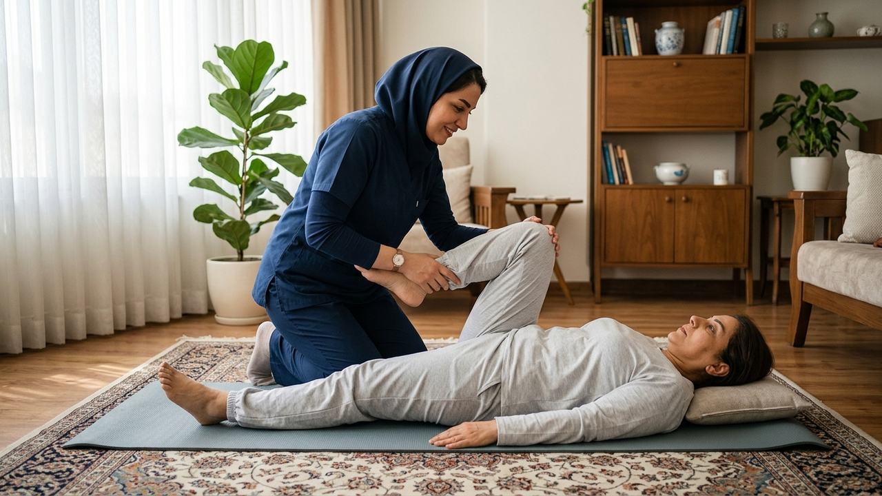پرستار در حال کمک به بیمار ام‌اس برای انجام تمرین کششی پا روی زمین منزل برای کاهش اسپاستیسیتی