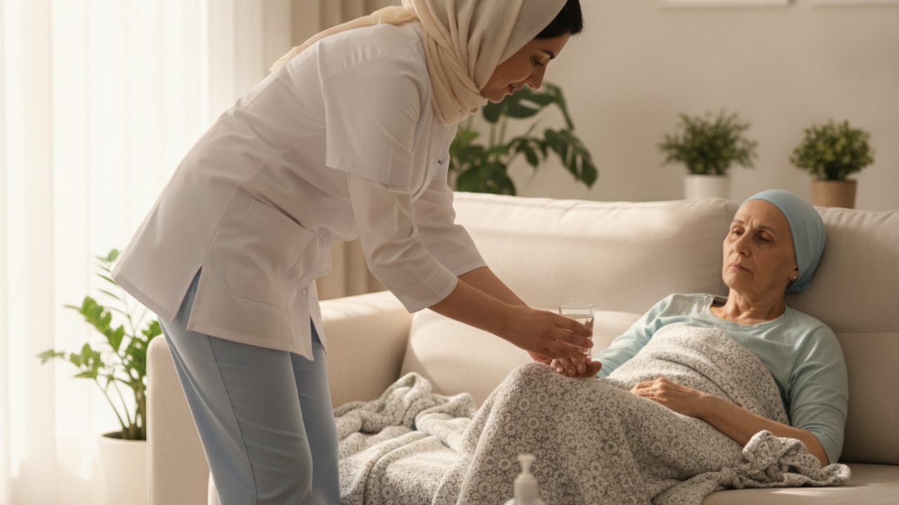 پرستار در حال مراقبت از بیمار پس از جلسه شیمیدرمانی و کنترل عوارض دارو در خانه