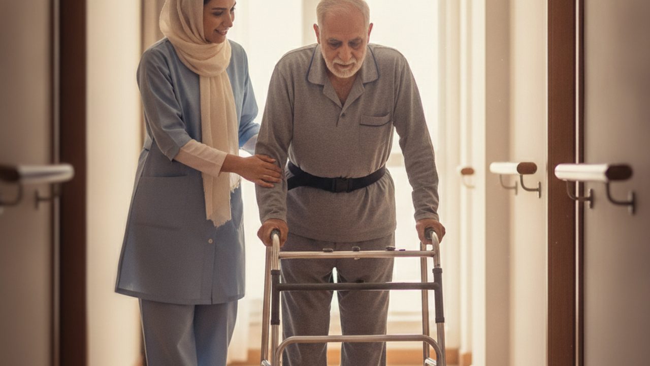 پرستار بیمار سکته مغزی در منزل در حال همراهی سالمند برای تمرین راهرفتن با واکر در راهروی خانه