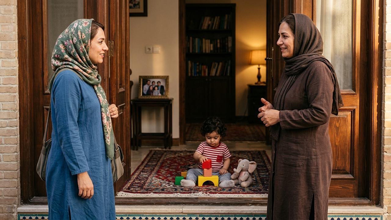 دو پرستار کودک در حال تحویل آرام شیفت نزدیک درب ورودی منزل درحالی‌که کودک در پس‌زمینه با اسباب‌بازی مشغول بازی است