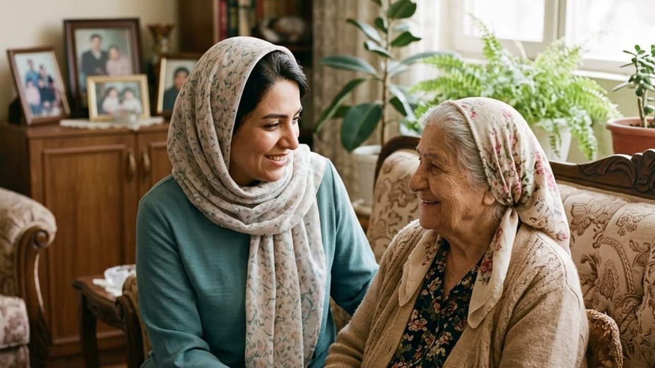 پرستار همراه در کنار یک زن سالمند روی مبل نشسته و دستش را با مهربانی روی دست او گذاشته است؛ همراهی انسانی در خانه‌ای امن