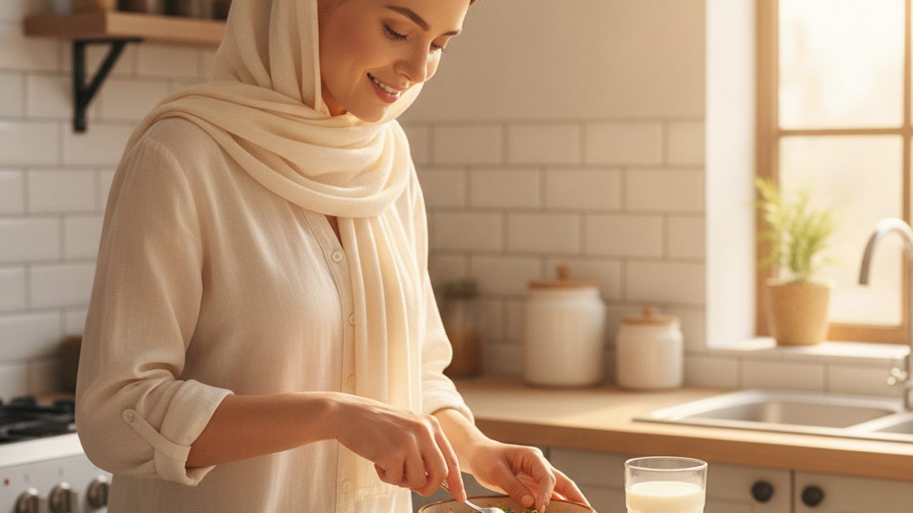 پرستار در منزل در آشپزخانه‌ای روشن مشغول آماده‌کردن یک وعده‌ی غذایی نرم و مغذی برای سالمند است؛ لیوان شیر و میوه‌ی تازه روی کابینت کنار دستش قرار دارد
