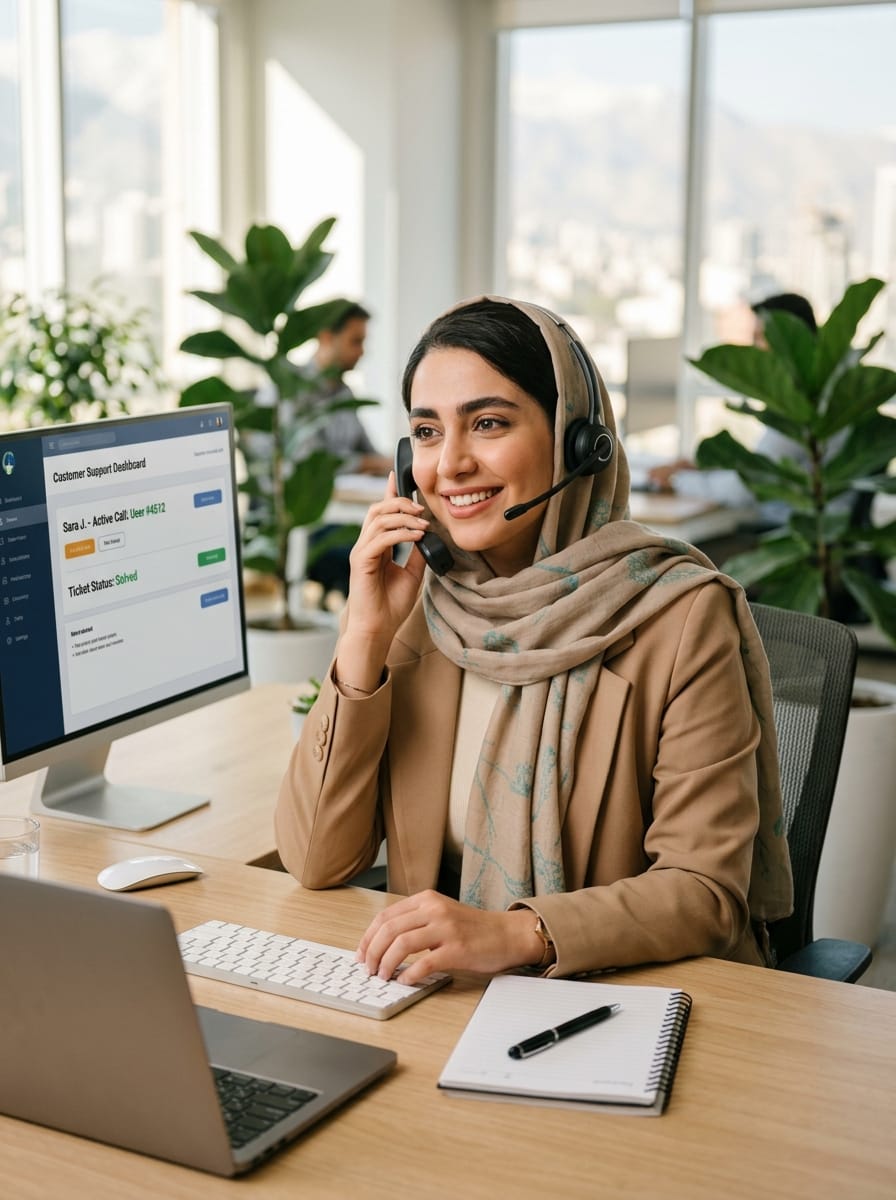 مشاور مرکز اعزام پرستار همراه الف در حال ارائه مشاوره تلفنی رایگان برای انتخاب بین پرستار در منزل و آسایشگاه