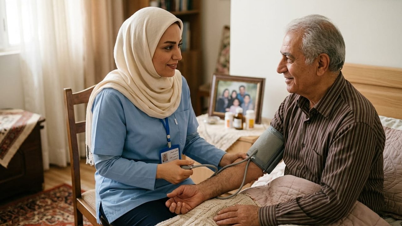 پرستار در حال اندازه‌گیری فشار خون و پایش وضعیت بیمار تنفسی سالمند در اتاق خواب منزل