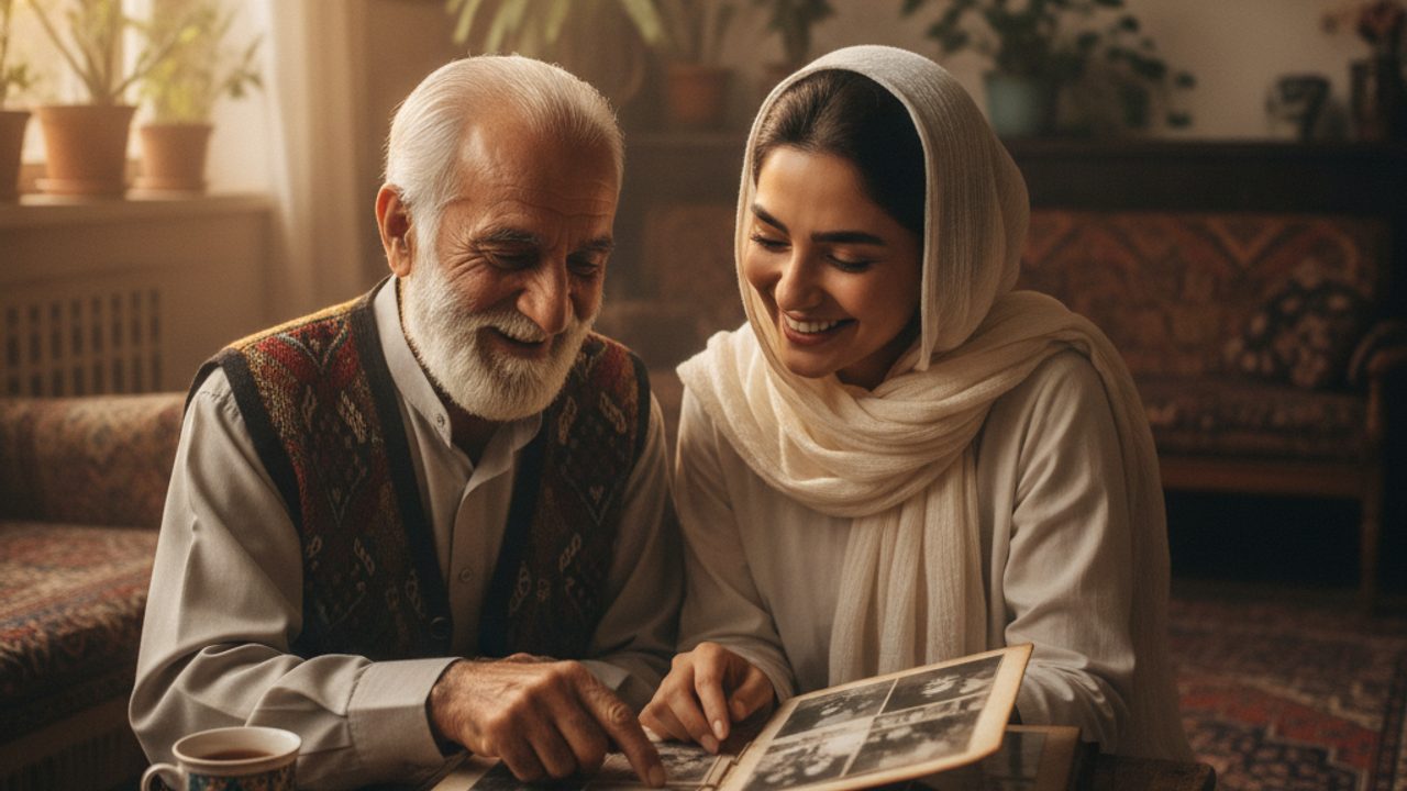 پرستار همراه و یک سالمند با خنده مشغول ورقزدن آلبوم عکسهای قدیمی خانوادگی هستند و کنارشان یک فنجان چای روی میز قرار دارد