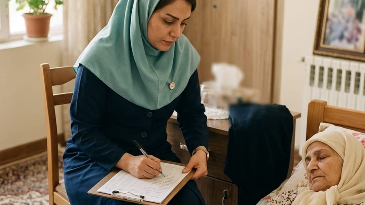 پرستار همراه کنار تخت بیمار سالمندی که در حال استراحت است نشسته و وضعیت روزانه‌ی درد و علائم او را در برگه‌ی گزارش ثبت می‌کند
