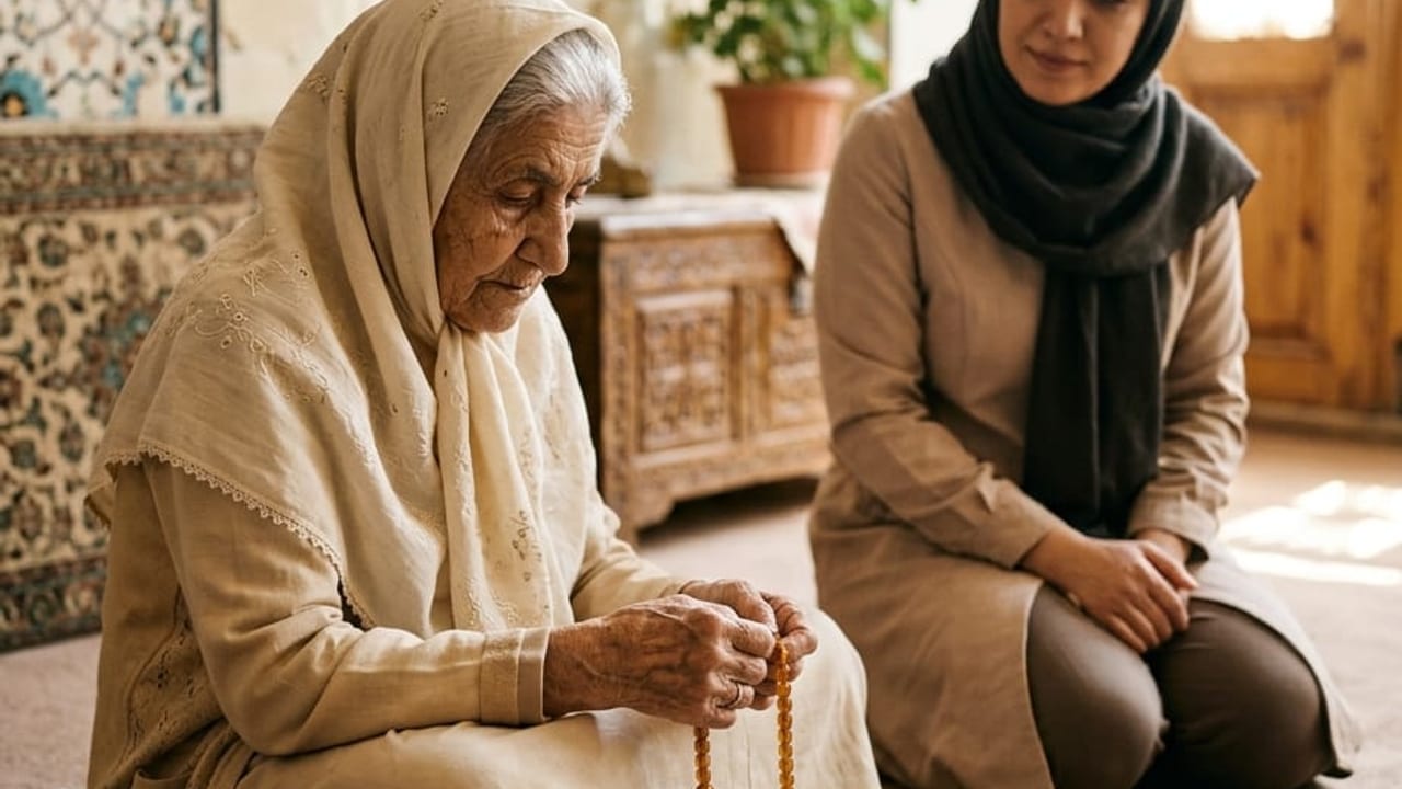 بانوی سالمند با تسبیح در دست در حال دعا است و مراقب همراه در سکوت کنارش نشسته؛ توجه به نیازهای معنوی بخشی از مراقبت تسکینی در منزل