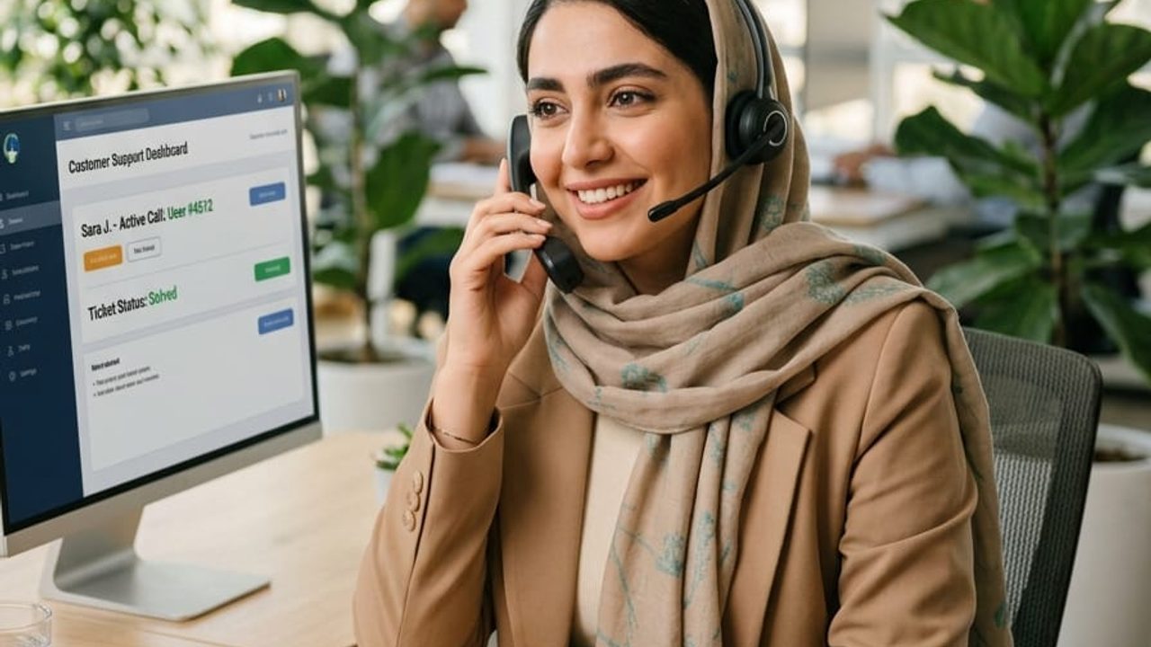 کارشناس مرکز اعزام پرستار همراه الف با هدست پشت میز کار نشسته و درباره‌ی خدمات پرستار توانبخشی در منزل مشاوره‌ی رایگان می‌دهد