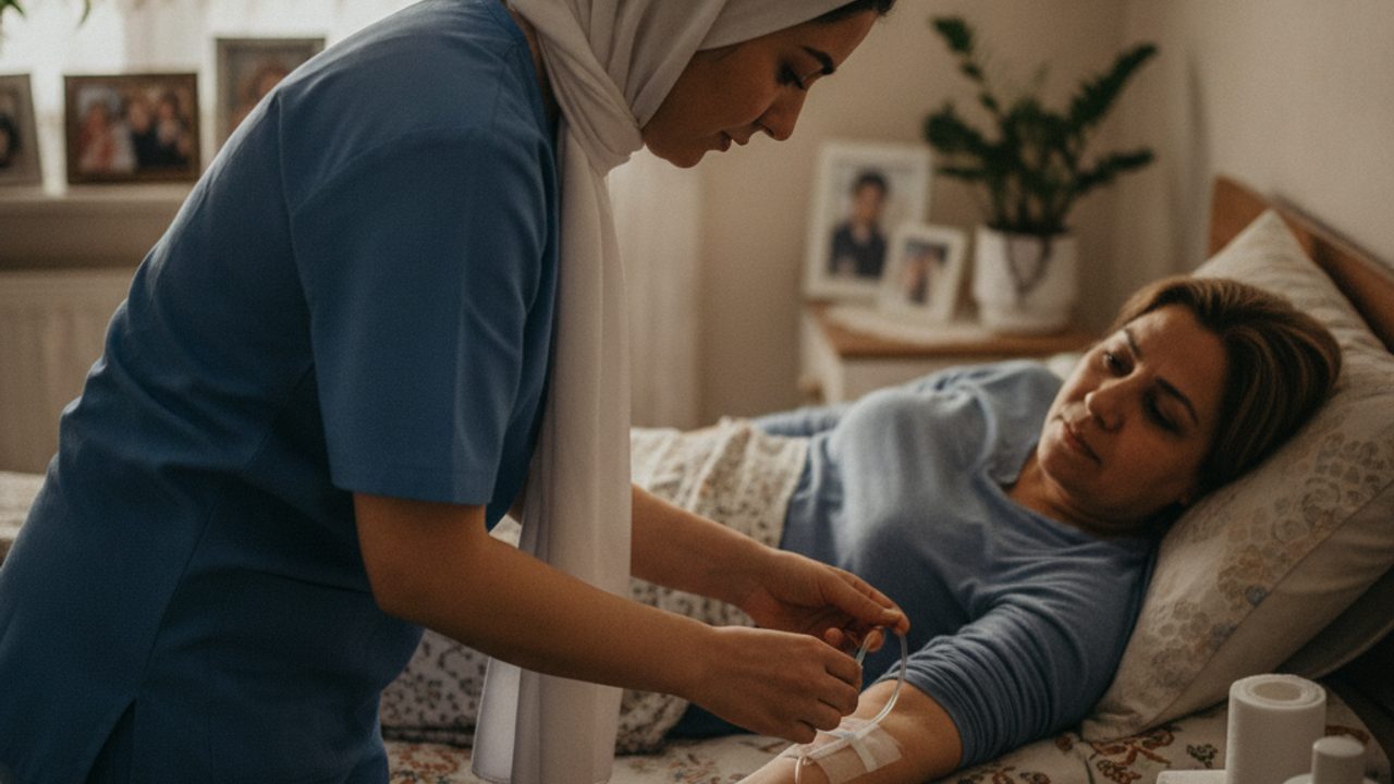 پرستار در حال وصل‌کردن سرم به بازوی بیمار روی تخت در منزل