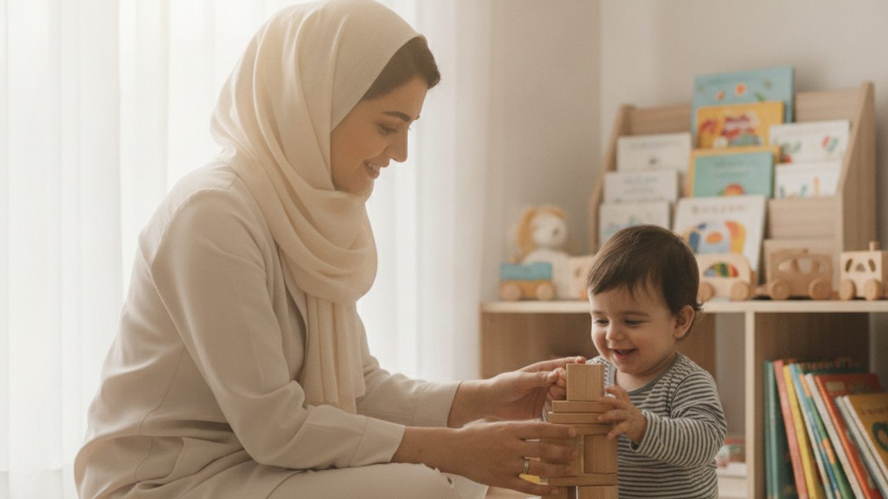 پرستار کودک در منزل روی زیرانداز بازی نشسته و به یک کودک نوپا کمک میکند مکعبهای چوبی را روی هم بچیند